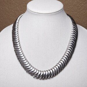 Vintage Statement Necklace Silver Tone Textured Fishbone Style Choker 22"